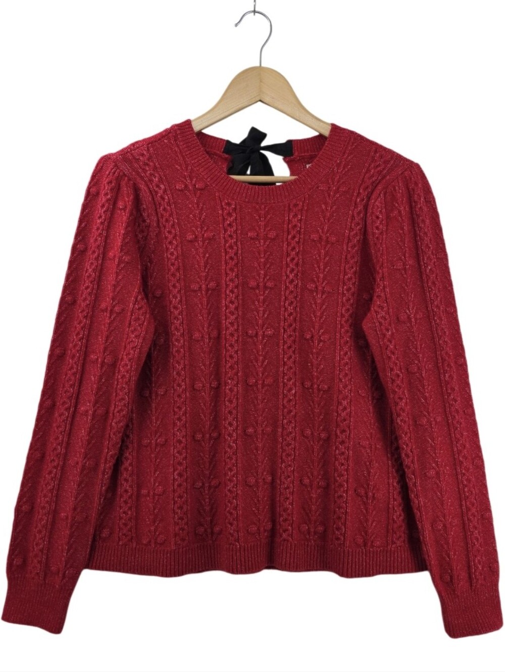LOFT Red Cherry Knit Sweater Women's Size Medium Black Bow Tie Closure